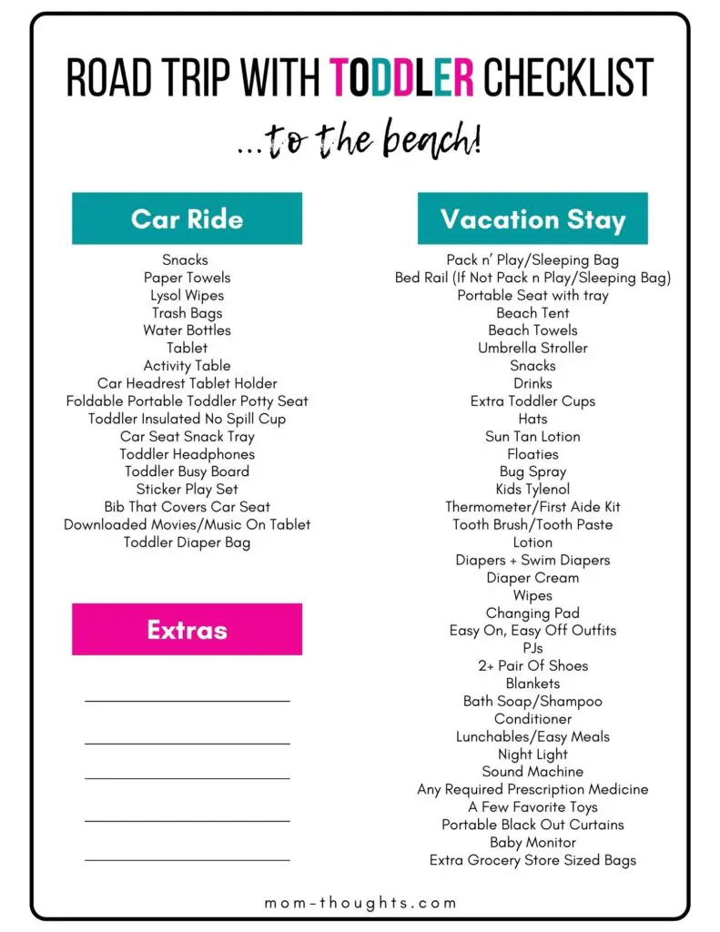 Everything you need for a beach vacation with toddlers! This image is on a post that details the fool proof beach vacation with toddler packing list! Includes a free packing list printable to ensure you're prepared for your beach trip.