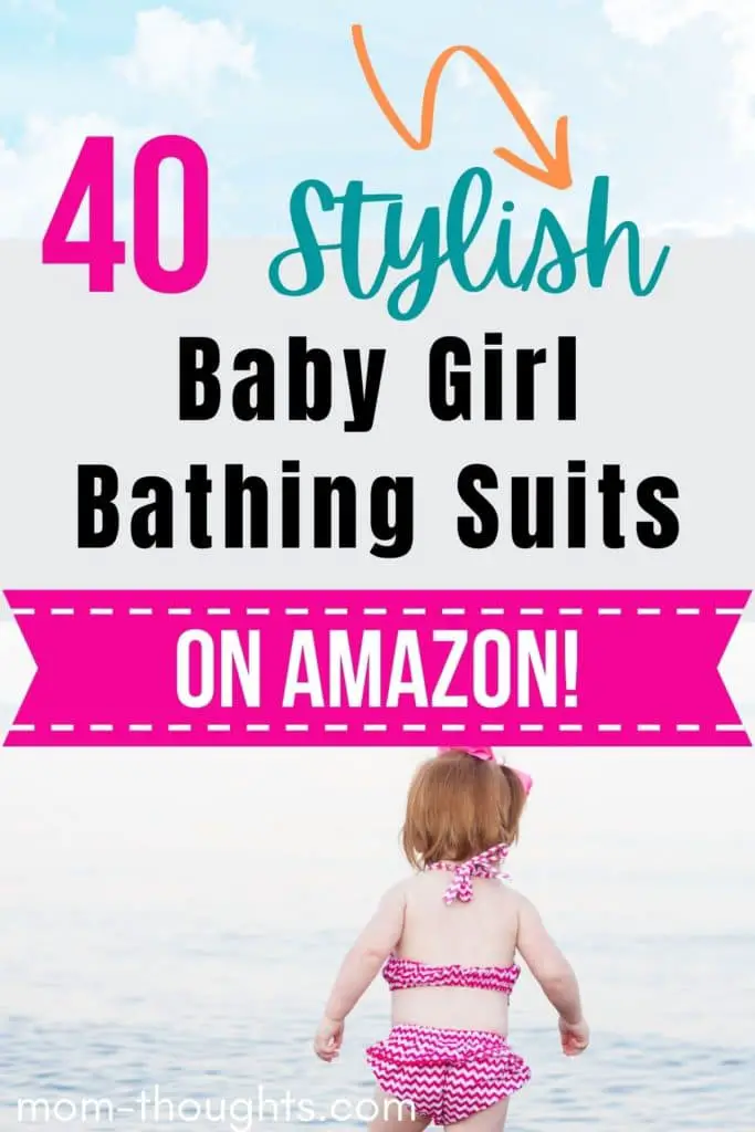 This image has the sky and clouds on the top of the image. In the middle of the image it has teal, black and pink text that says "40 stylish baby girl bathing suits" There is a pink banner that has white text that says "On Amazon!"