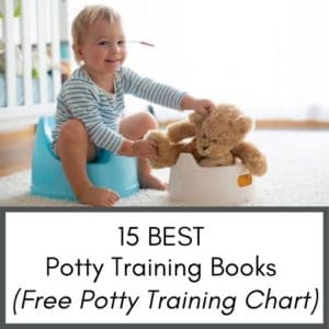 This image shows a toddler sitting on a toddler potty. The toddler is smiling and putting a teddy bear on another toddler potty.