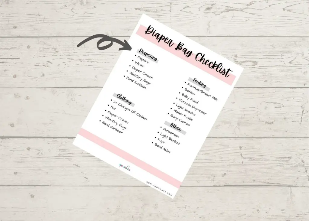 This images shows a diaper bag essentials checklist. It lists out all of the items you need to pack in your diaper bag.