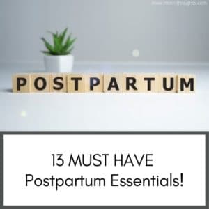 This image has a green plant at the top and wooden blocks that spell out the word "postpartum" There's a white space at the bottom of the image with text that says 13 Must have postpartum essentials!