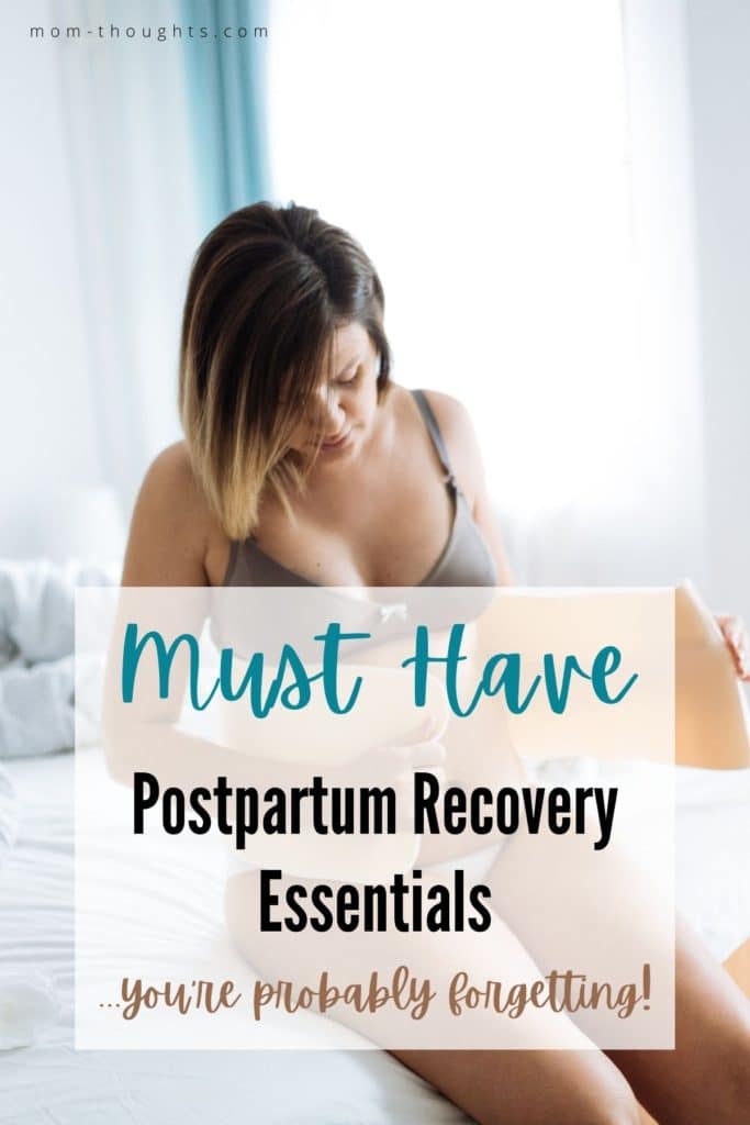 This image shows a woman in postpartum who you can see recently had a baby. She's wrapping a postpartum belly wrap around her stomach while sitting on a bed. There's text overlay that says "Must have postpartum recovery essentials...you're probably forgetting!" The image is linked to an article on postpartum essentials.