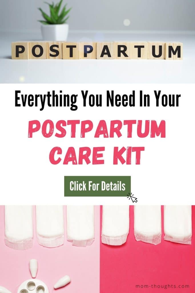 This image has a picture of a green plant at the top, with wooden blocks with black text that say "Postpartum". The bottom of the image has a picture of postpartum essentials like maxipads. Between the 2 pictures is text that says "Everything you need in your postpartum care kit. Click for details"