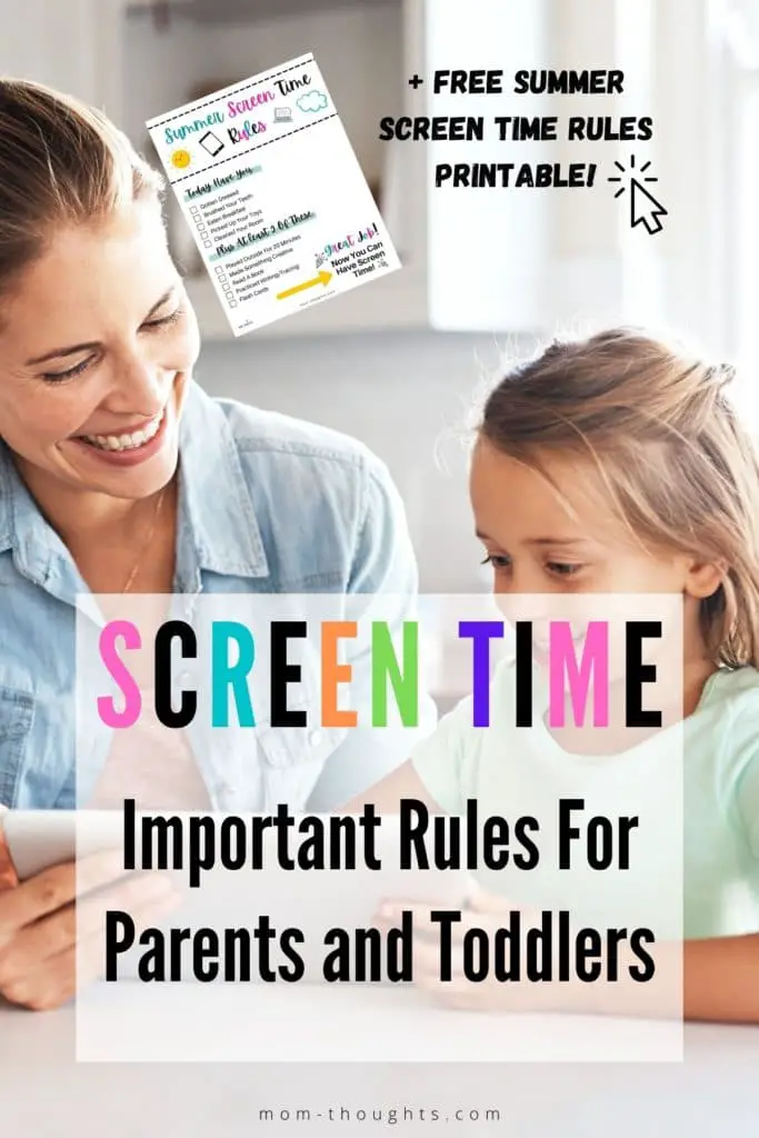 This image is of a young toddler girl and her mom playing on a tablet smiling. There's colorful text that says "Screen time": and black text that says "important rules for parents and toddlers. + Free Summer screen time rules printable. There's also an image of of free summer screen time rules printable checklist for toddlers and young kids.