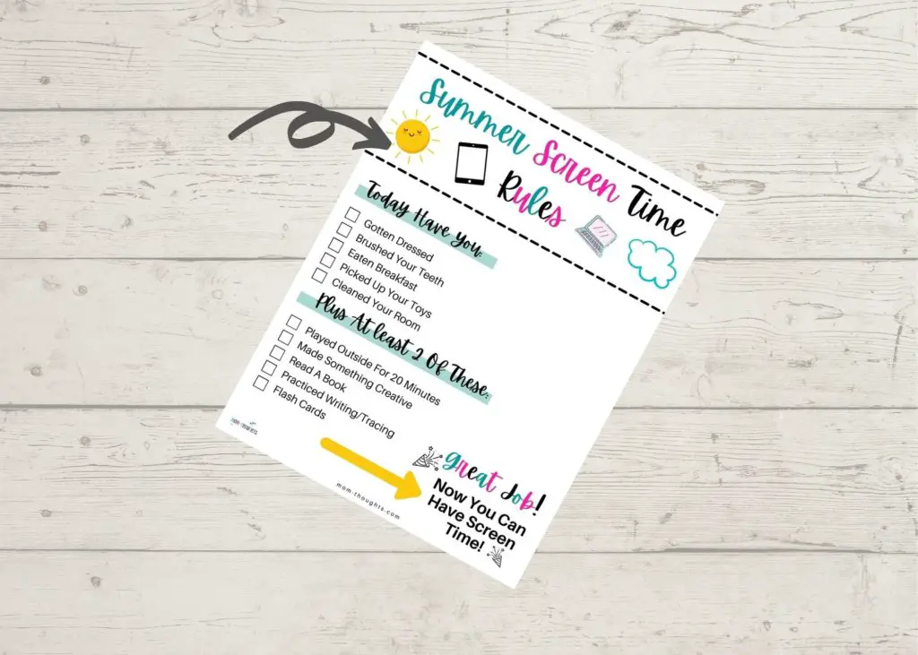 This image is off a free printable for moms regarding summer screen time rules. It's a checklist that requires toddlers to do certain things every day before they can have any screen time.