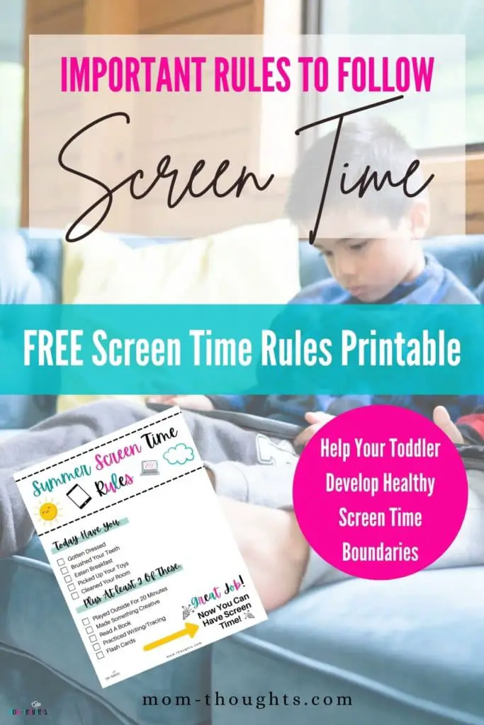 This image shows a toddler boy sitting on a blue couch playing on a tablet. There is text that says "Important rules to follow. screen time. Free screen time rules printable. Help your toddler develop healthy screen time boundaries". There's also an image of of free summer screen time rules printable checklist for toddlers and young kids.