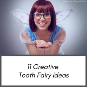 This image is of the tooth fairy with red hair and wings holding out a tooth. There's text overlay that says "!1 creative tooth fair ideas"