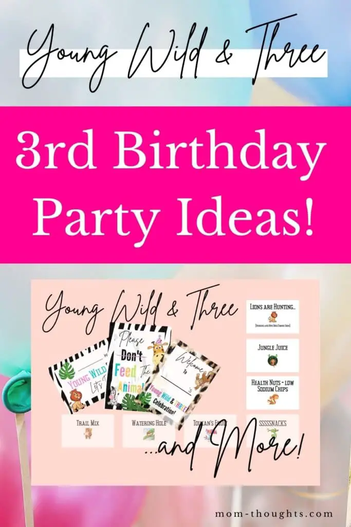 This image has balloons in the background with text overlay that says "young wild and three. 3rd birthday party ideas!"
