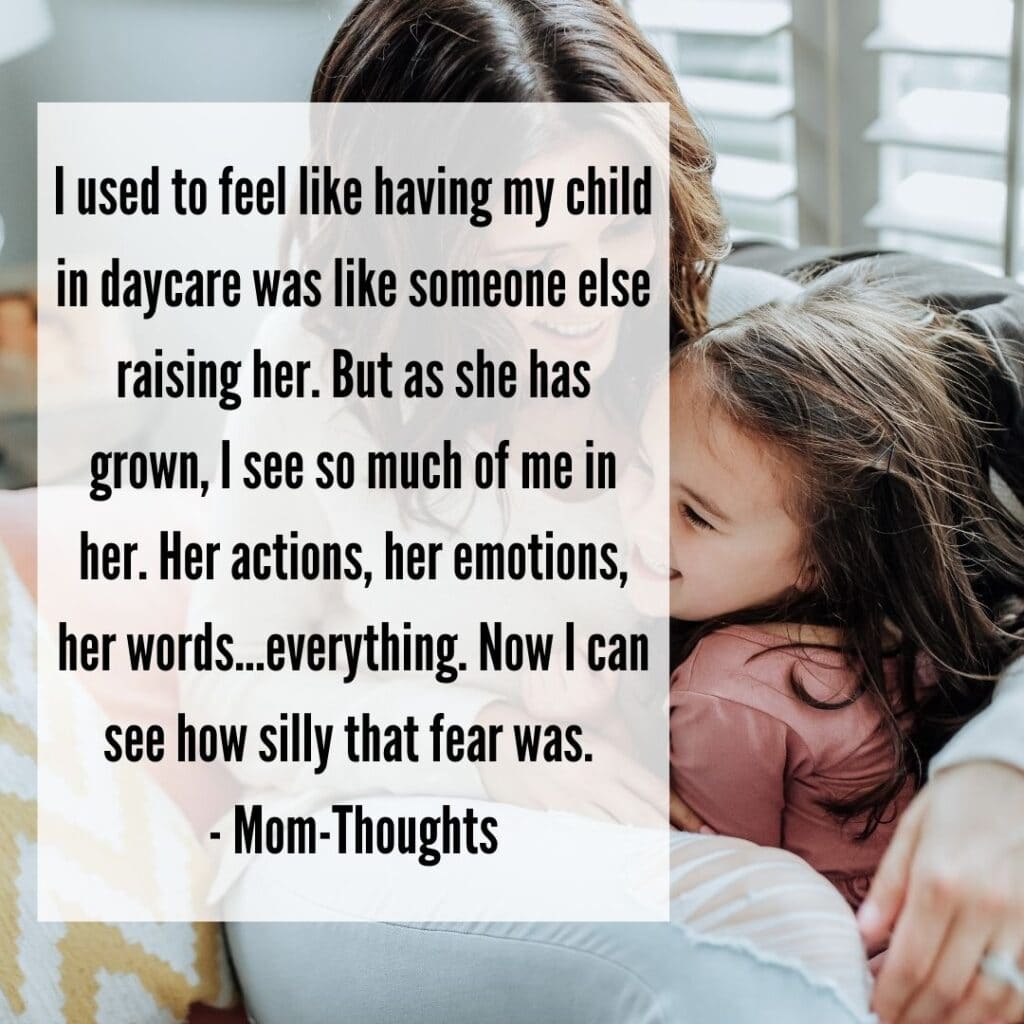 This image shows a mom snuggling on the couch with her toddler daughter. They are both laughing. There is text overlay of a working mom quotes. 